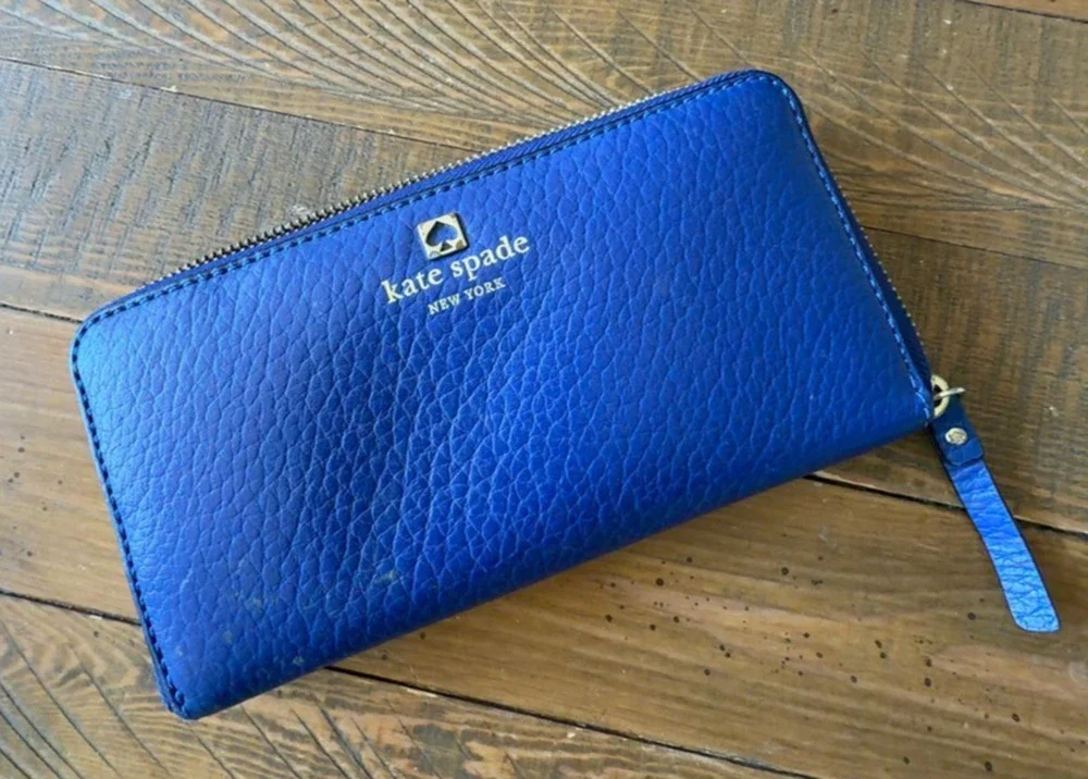 Kate Spade Royal Blue Pebbled Leather Zip Around Wallet Gold Accent Zipper Logo